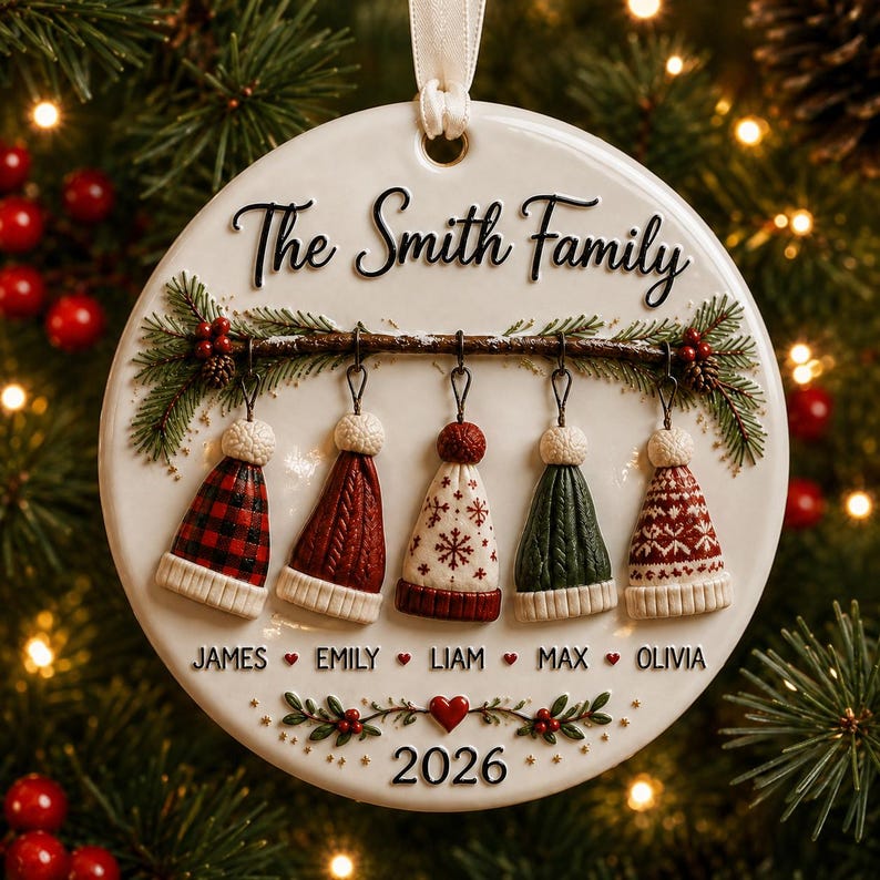 Personalized 3D Relief Family Christmas Ornament, Custom Names And Year, Winter Hat Holiday Keepsake