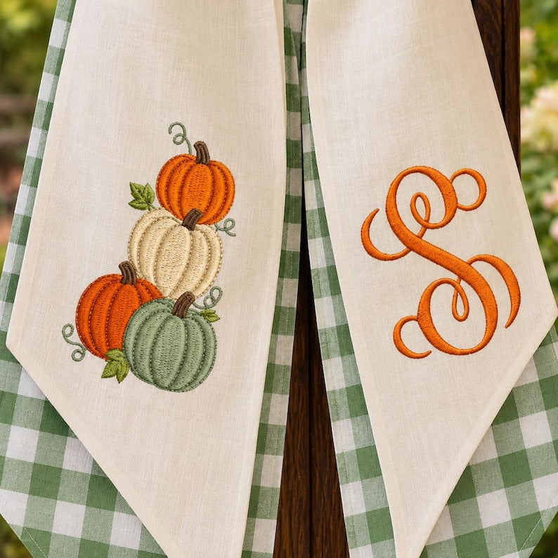 Personalized Fall Wreath Sash, Green Gingham Pumpkin Wreath Bow, Custom Monogram Door Decor