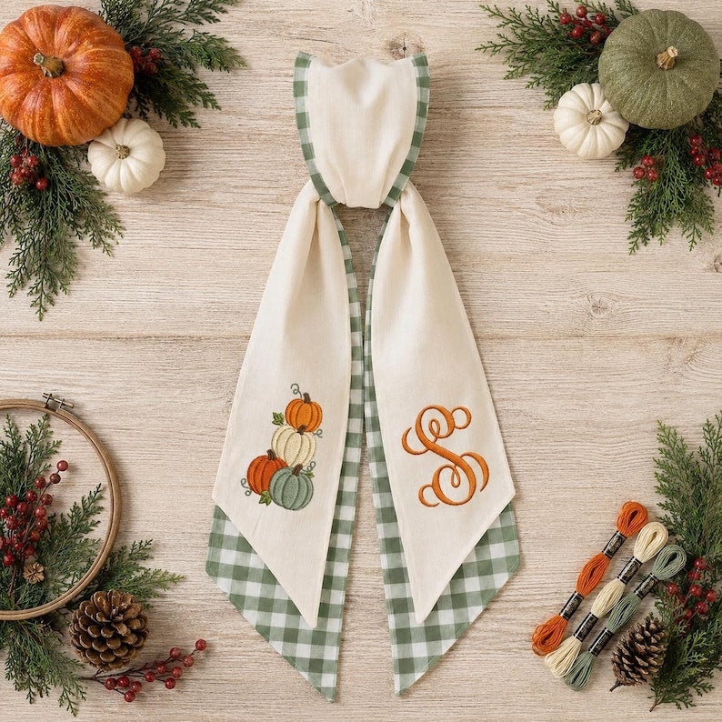 Personalized Fall Wreath Sash, Green Gingham Pumpkin Wreath Bow, Custom Monogram Door Decor