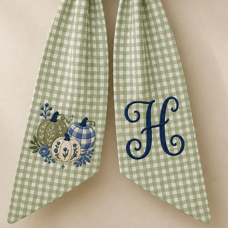Personalized Pumpkin Monogram Wreath Bow, Embroidery Custom Family Name Sash, Chinoiserie Pumpkin Floral Fall Harvest Porch Decor