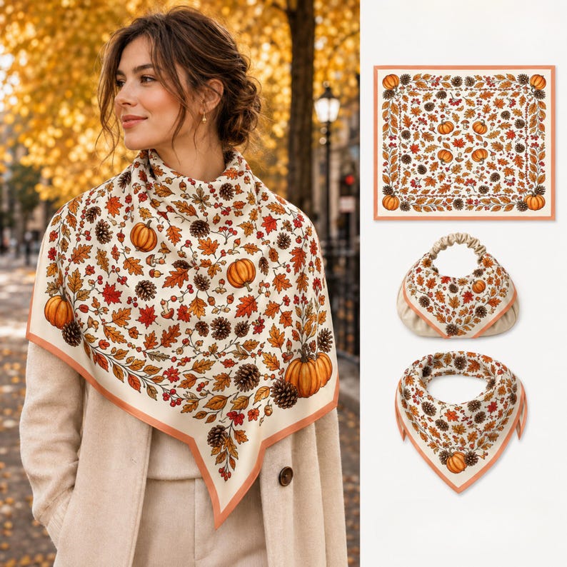 Custom Fall Pumpkin Scarf, Personalized Autumn Maple Leaf Neck Scarf, Cottagecore Orange Botanical Head Bandana