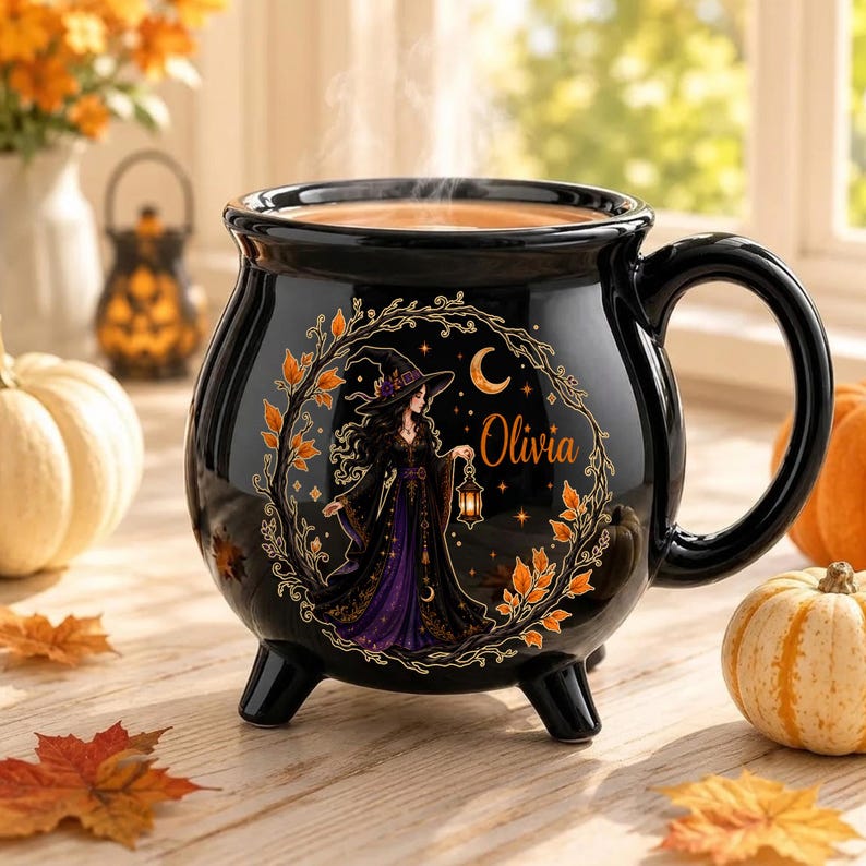 Personalized Witch Cauldron Mug, Custom Name Halloween Coffee Cup, Gothic Ceramic Drinkware, Spooky Witch Gift