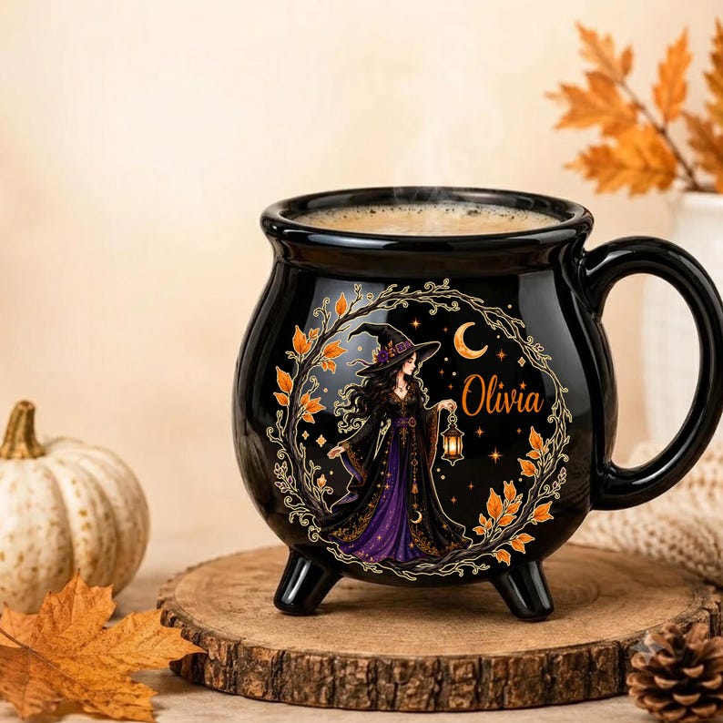 Personalized Witch Cauldron Mug, Custom Name Halloween Coffee Cup, Gothic Ceramic Drinkware, Spooky Witch Gift