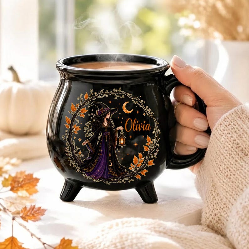 Personalized Witch Cauldron Mug, Custom Name Halloween Coffee Cup, Gothic Ceramic Drinkware, Spooky Witch Gift