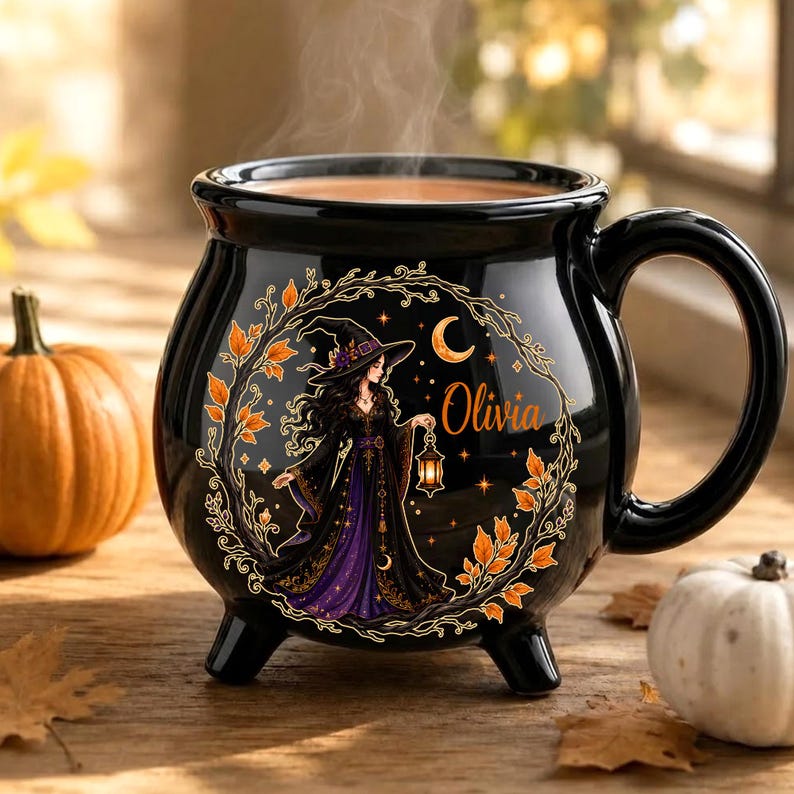 Personalized Witch Cauldron Mug, Custom Name Halloween Coffee Cup, Gothic Ceramic Drinkware, Spooky Witch Gift