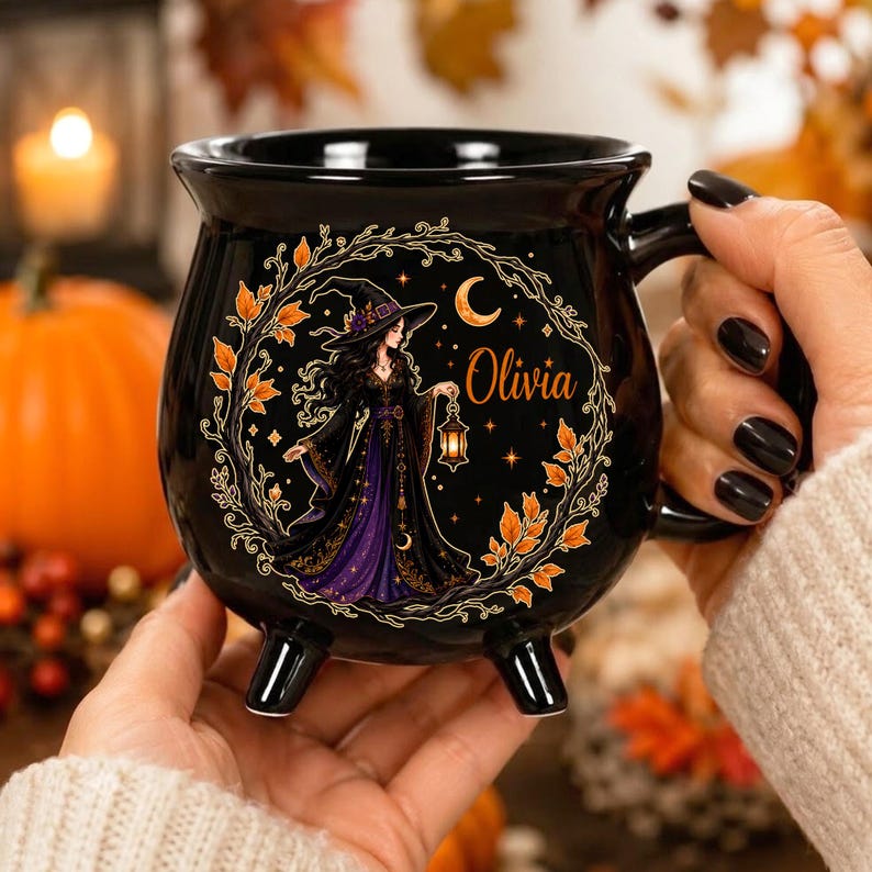 Personalized Witch Cauldron Mug, Custom Name Halloween Coffee Cup, Gothic Ceramic Drinkware, Spooky Witch Gift
