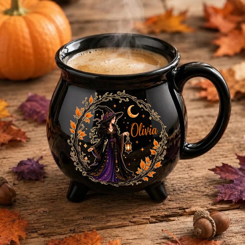 Personalized Witch Cauldron Mug, Custom Name Halloween Coffee Cup, Gothic Ceramic Drinkware, Spooky Witch Gift