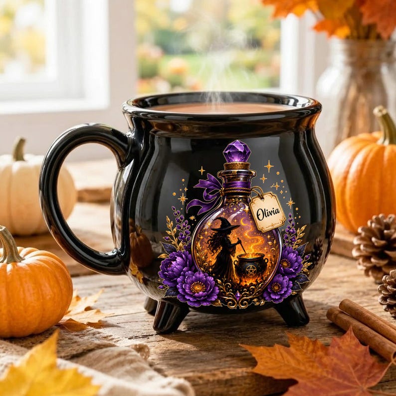 Personalized Witch Potion Cauldron Mug, Custom Name Halloween Ceramic Cup, Purple Floral Spooky Coffee Gift