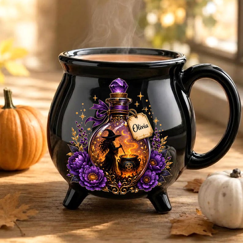 Personalized Witch Potion Cauldron Mug, Custom Name Halloween Ceramic Cup, Purple Floral Spooky Coffee Gift