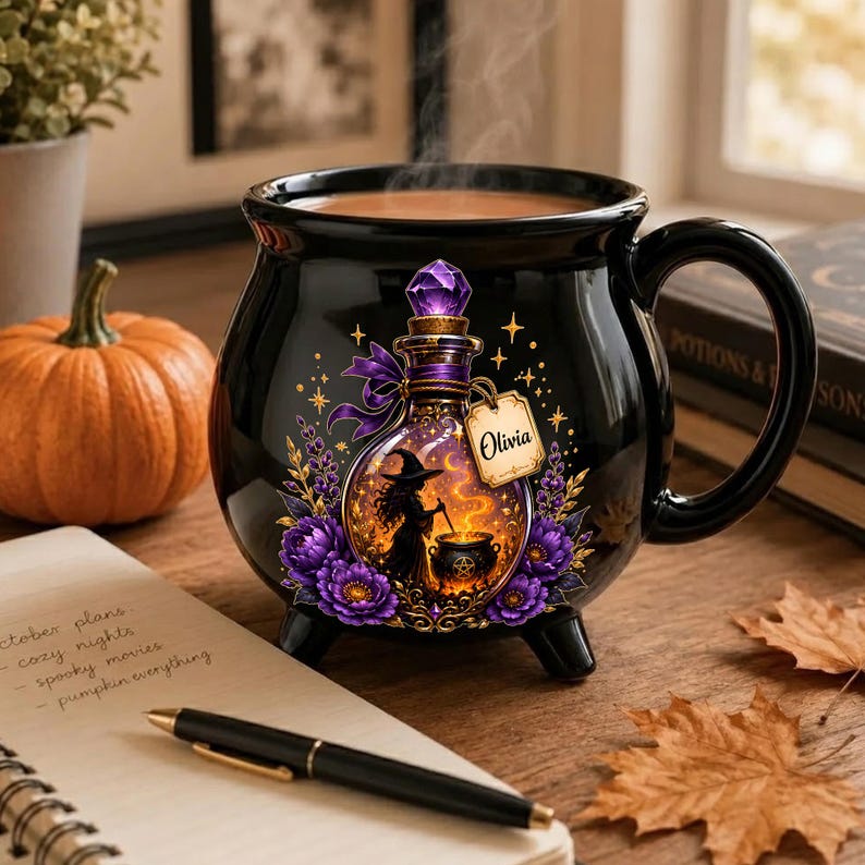 Personalized Witch Potion Cauldron Mug, Custom Name Halloween Ceramic Cup, Purple Floral Spooky Coffee Gift