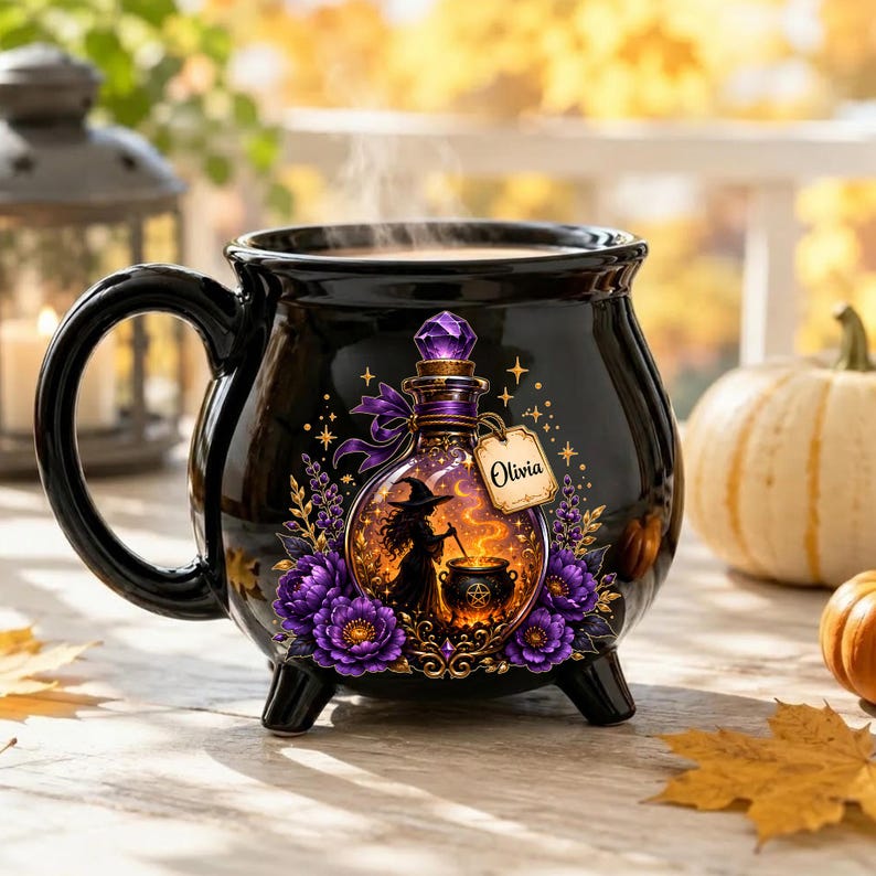 Personalized Witch Potion Cauldron Mug, Custom Name Halloween Ceramic Cup, Purple Floral Spooky Coffee Gift
