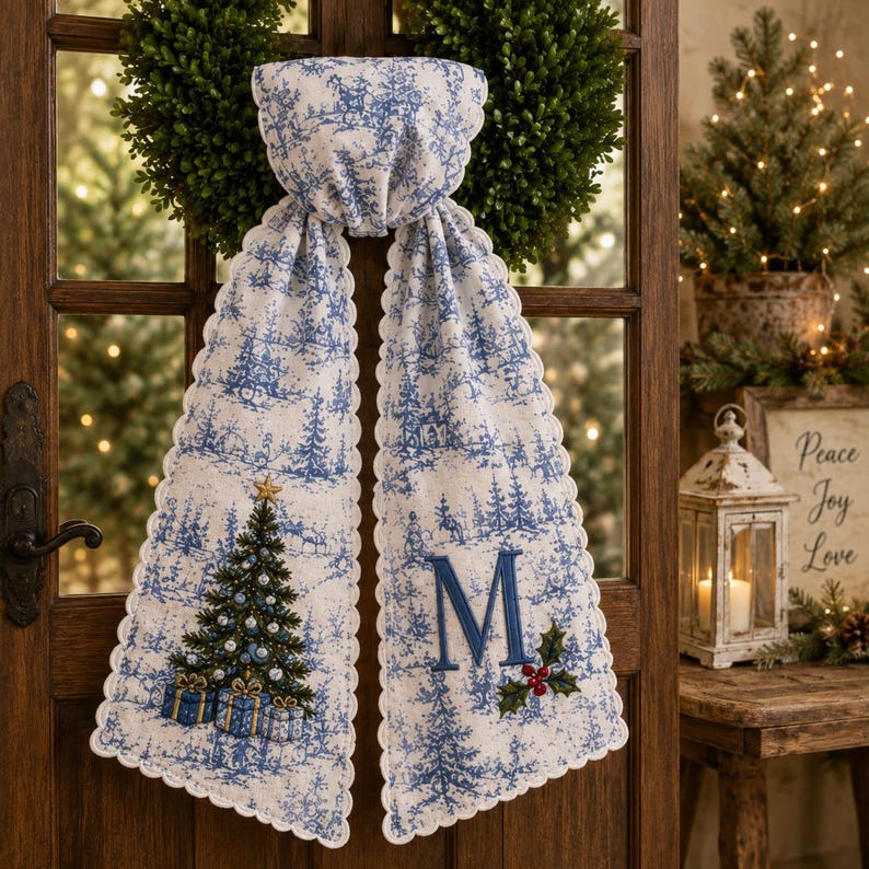 Blue Toile Christmas Wreath Sash, Custom Embroidered Sash, Personalized Holiday Front Door Decor