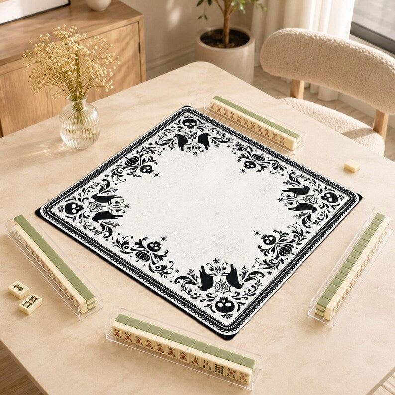 Gothic Skull Crow Mahjong Mat, Non-Slip Noise Reducing Table Cover, Halloween Dark Academia Game Mat Gift