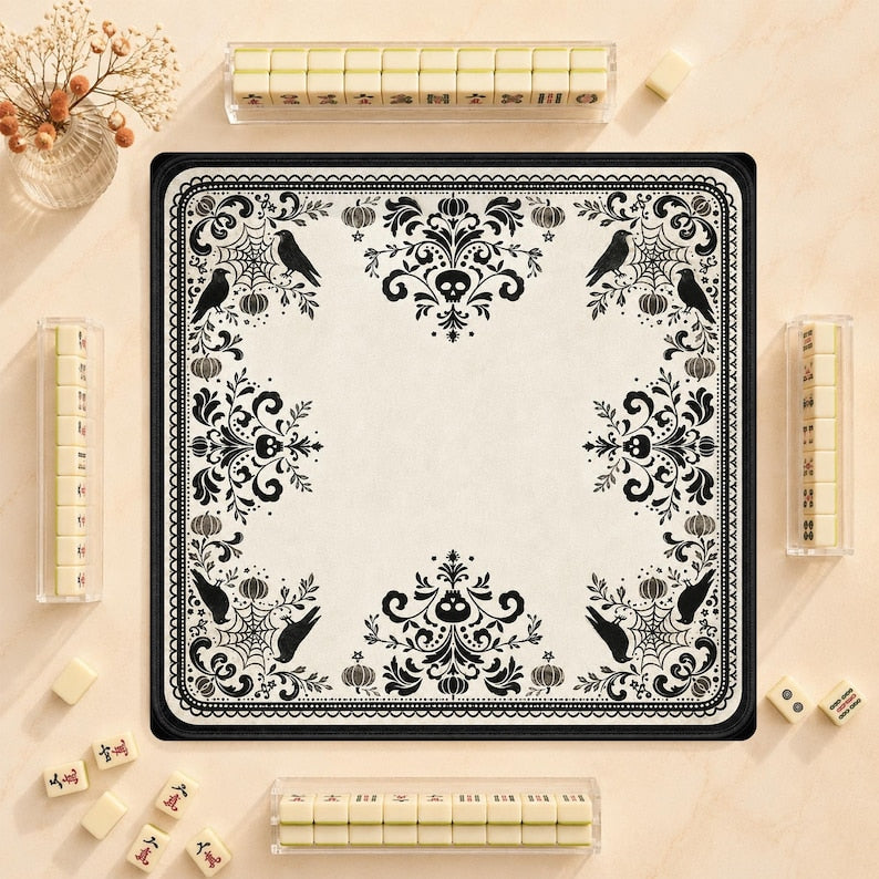 Gothic Skull Crow Mahjong Mat, Non-Slip Noise Reducing Table Cover, Halloween Dark Academia Game Mat Gift