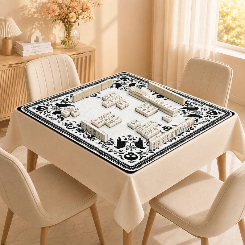 Gothic Skull Crow Mahjong Mat, Non-Slip Noise Reducing Table Cover, Halloween Dark Academia Game Mat Gift