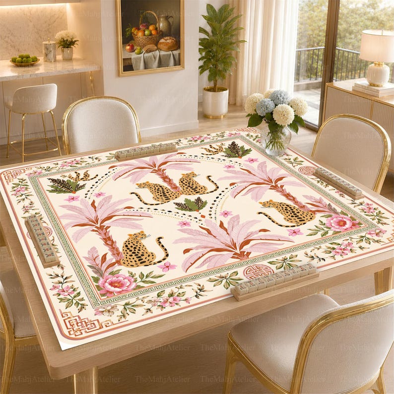 Tropical Leopard Mahjong Mat, Palm Mah Jongg Table Cover, Grandmillennial Mahj Gift for Hostess