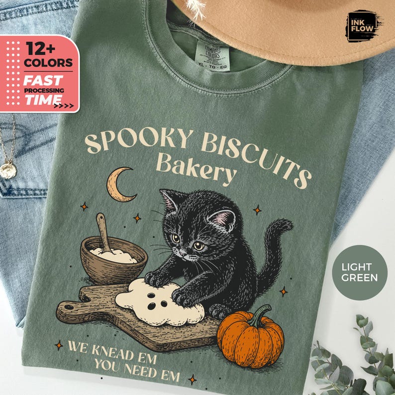 Spooky Biscuits Bakery Comfort Colors Shirt, Whimsical Black Cat Baking T-Shirt, Halloween Cat Tee