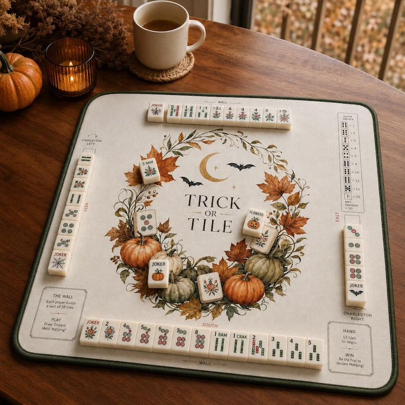 Trick or Tile Mahjong Mat Halloween Mahjong Table Mat American Mahjong Game Mat Pumpkin Fall Game Night
