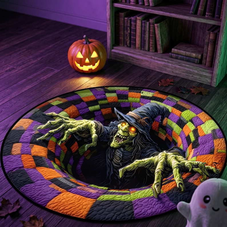 3D Illusion Witch Vortex Round Rug, Halloween Horror Scary Witch Area Rug, Non Slip Floor Mat Living Room Bedroom Decor