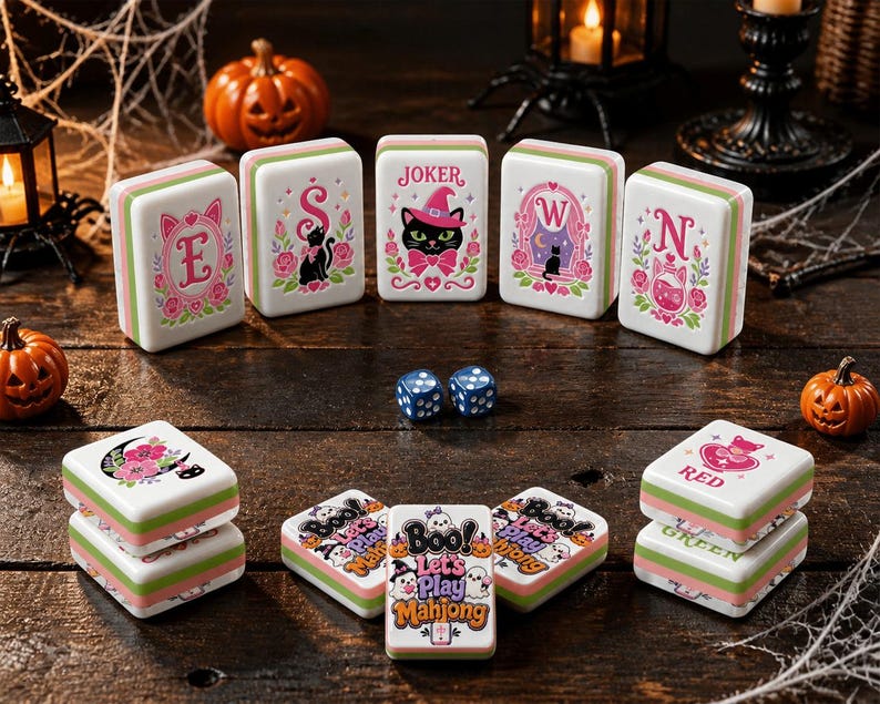 Spooky Cute Mahjong Tiles, Kawaii Acrylic Mahjong Tiles, Halloween Board Game, Occult Theme Witchy Game Night