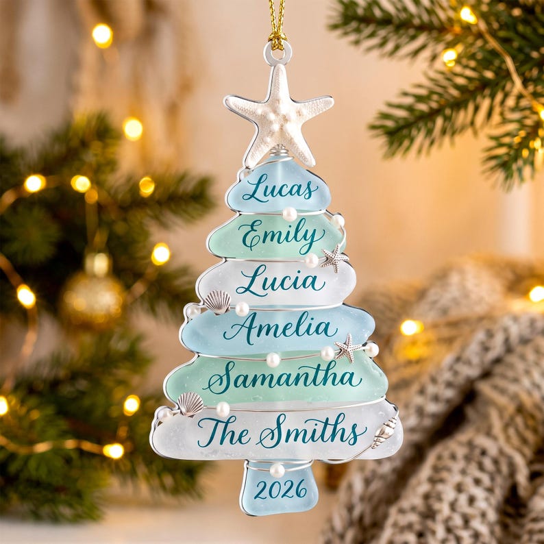 Custom Sea Glass Tree 2026 Acrylic Ornament, Beach Family Christmas Decor, Coastal Keepsake