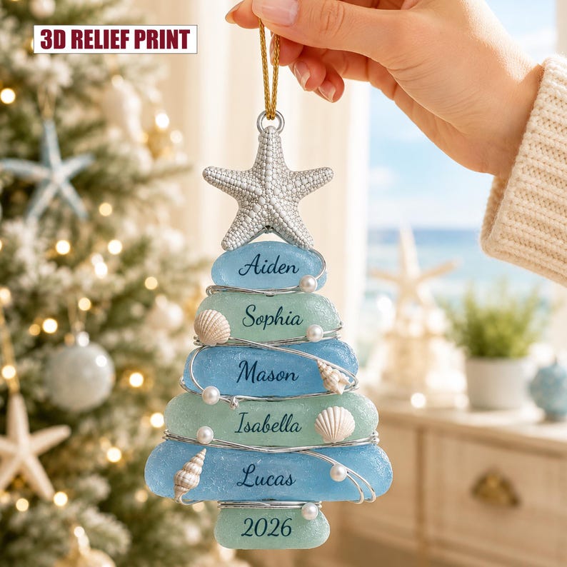 Custom Sea Glass Tree 2026 Ornament, Beach Family Christmas Decor, Personalized 3D Relief Coastal Keepsake