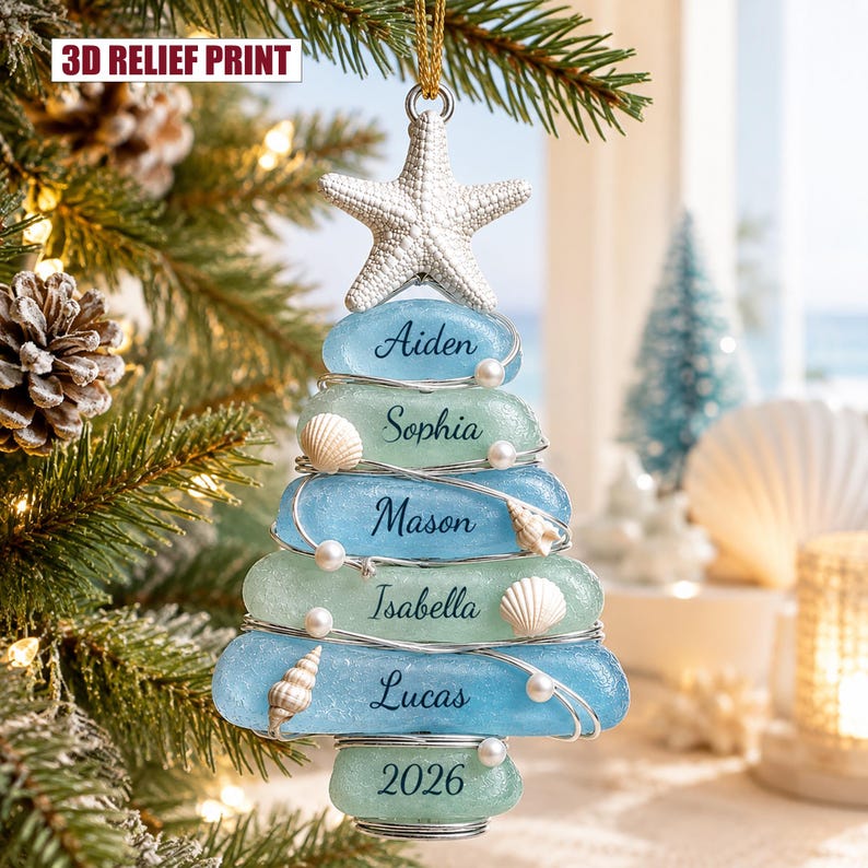 Custom Sea Glass Tree 2026 Ornament, Beach Family Christmas Decor, Personalized 3D Relief Coastal Keepsake