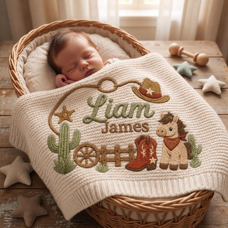 Personalized Cowboy Horse Baby Blanket Name, Custom Embroidered Cowboy Hat Boot Baby Shower Gift