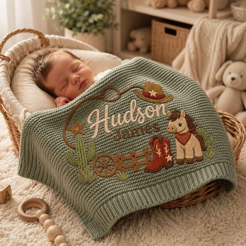 Personalized Cowboy Horse Baby Blanket Name, Custom Embroidered Cowboy Hat Boot Baby Shower Gift