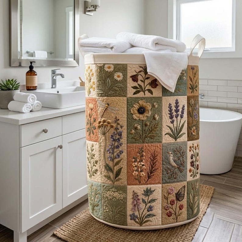 Floral Patchwork Quilted Laundry Basket, Botanical Storage Bin, Large Foldable Hamper