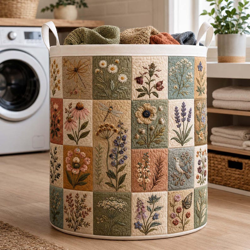 Floral Patchwork Quilted Laundry Basket, Botanical Storage Bin, Large Foldable Hamper