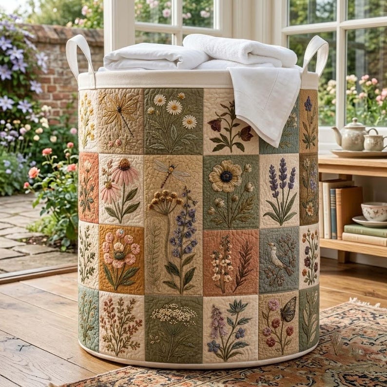 Floral Patchwork Quilted Laundry Basket, Botanical Storage Bin, Large Foldable Hamper