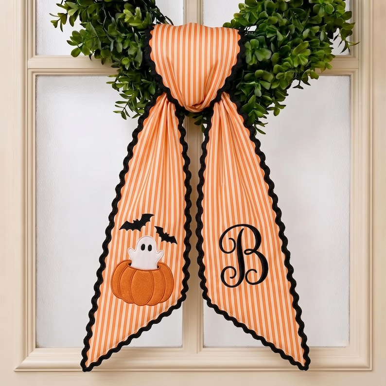 Custom Embroidery Halloween Ghost Pumpkin Sash, Embroidery Monogram Spooky Bow
