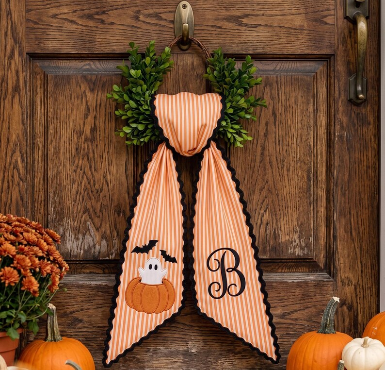 Custom Embroidery Halloween Ghost Pumpkin Sash, Embroidery Monogram Spooky Bow