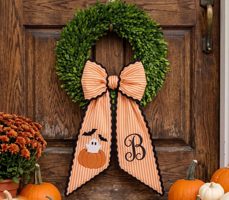 Custom Embroidery Halloween Ghost Pumpkin Sash, Embroidery Monogram Spooky Bow