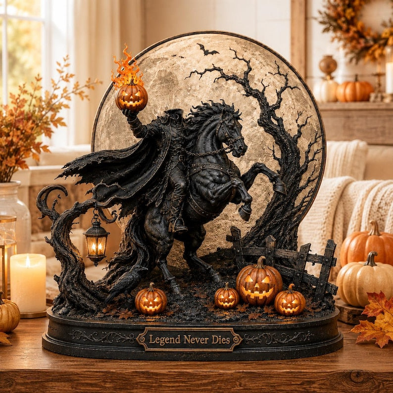 Headless Horseman Halloween Decor, Gothic Horse Rider Statue, Spooky Shelf Sitter, Jack O Lantern, Fall Mantel Decor