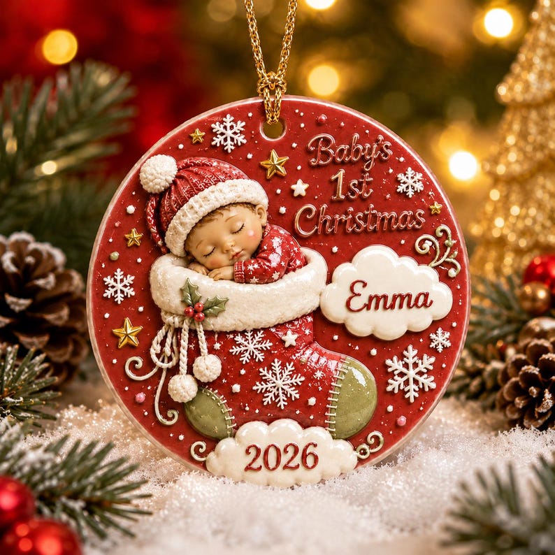 Baby First Christmas Ornament 2026, Personalized 3D Relief Round Ceramic Ornament, Custom Name Newborn Keepsake