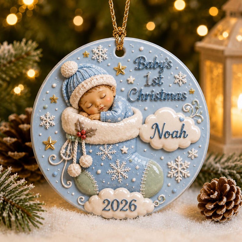 Baby First Christmas Ornament 2026, Personalized 3D Relief Round Ceramic Ornament, Custom Name Newborn Keepsake