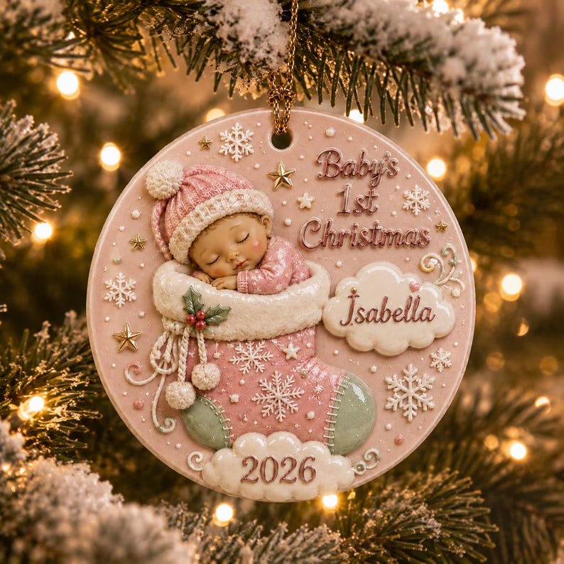 Baby First Christmas Ornament 2026, Personalized 3D Relief Round Ceramic Ornament, Custom Name Newborn Keepsake