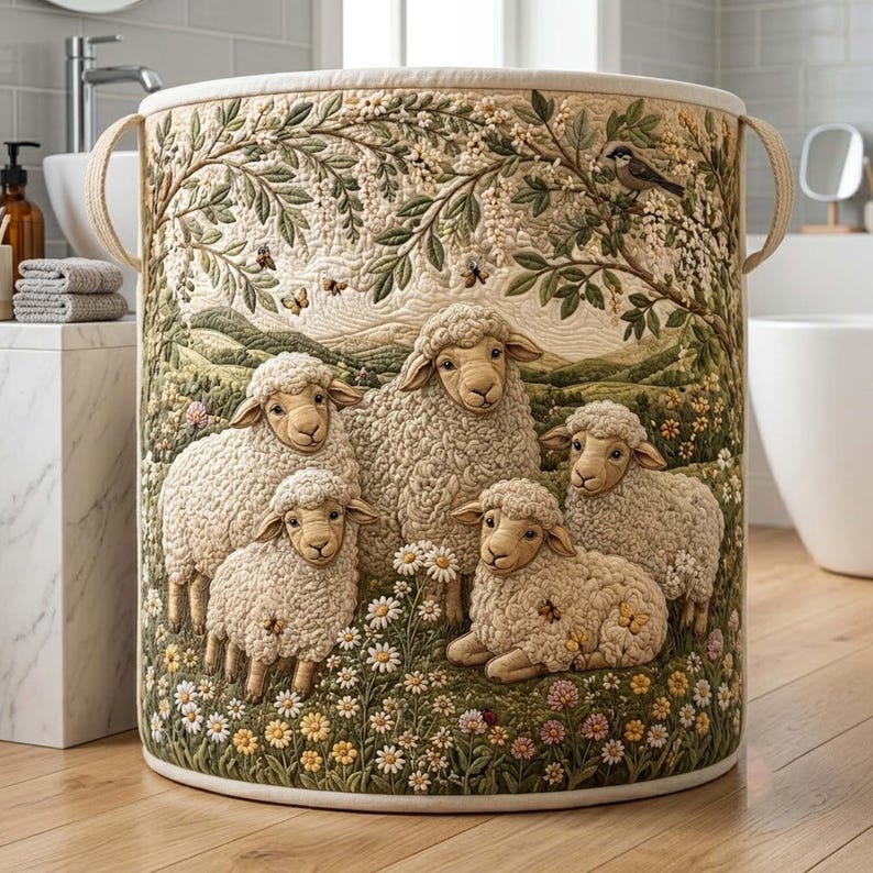 Sheep Heaven Quilted Laundry Basket, Cute Lamb Clothes Hamper, Farmhouse Storage Bin