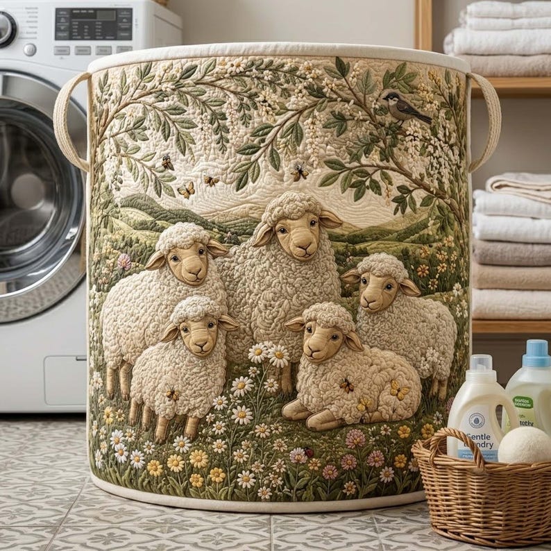 Sheep Heaven Quilted Laundry Basket, Cute Lamb Clothes Hamper, Farmhouse Storage Bin