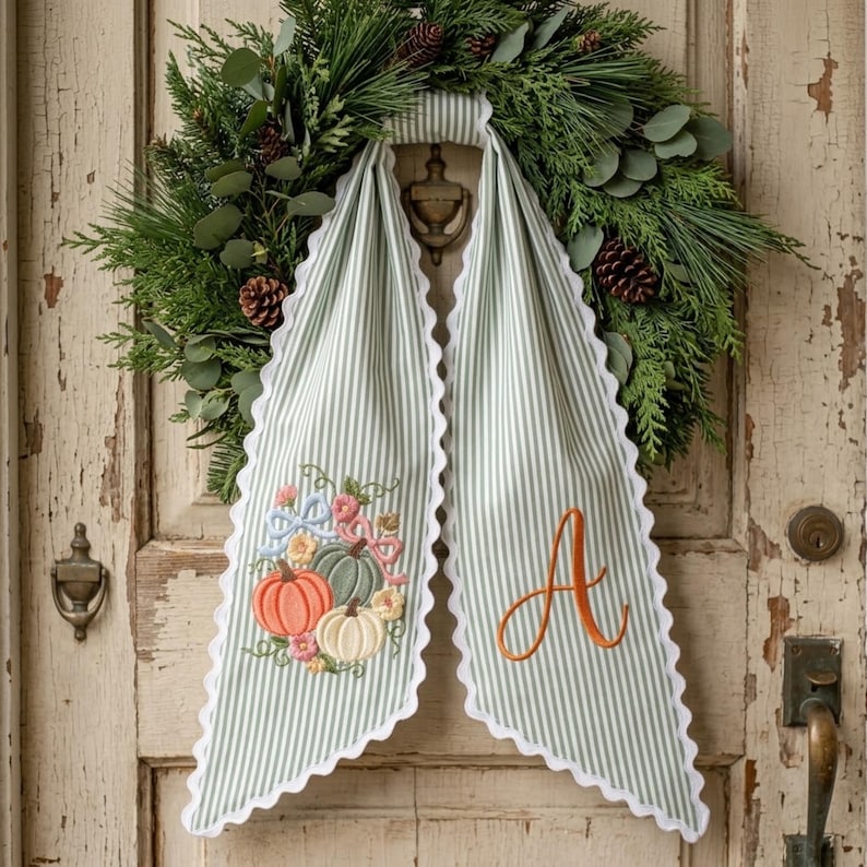 Personalized Embroidered Wreath Sash, Sage Stripe Pumpkin Floral Door Decor