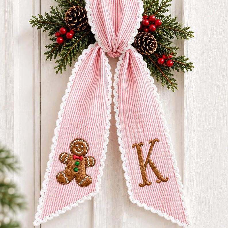 Christmas Holiday Wreath Sash , Holiday & Everyday Door Decor, Custom Text Wreath Sashes With Ric Rac