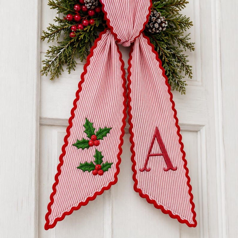 Christmas Holiday Wreath Sash , Holiday & Everyday Door Decor, Custom Text Wreath Sashes With Ric Rac