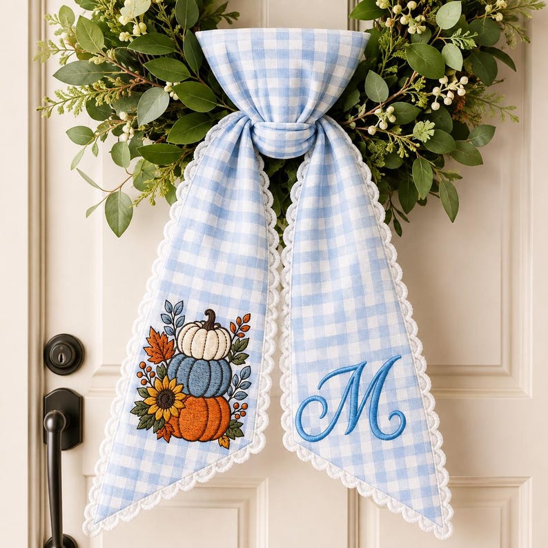 Custom Pumpkin Wreath Sash Bow, Personalized Monogram Fall Door Bow, Blue Stripe Autumn Wreath Decor, Farmhouse Thanksgiving