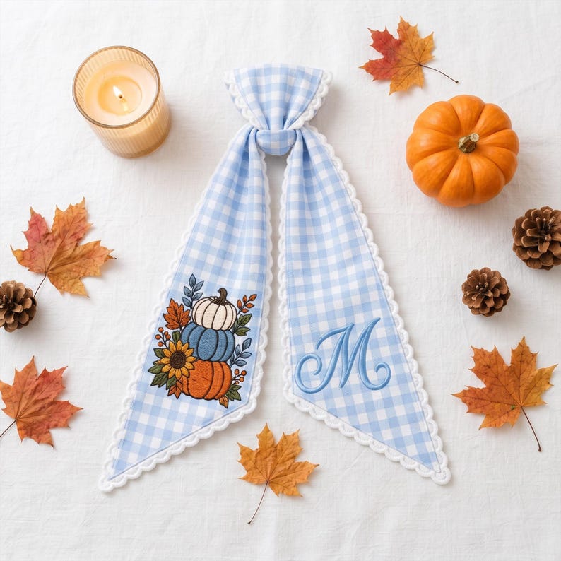 Custom Pumpkin Wreath Sash Bow, Personalized Monogram Fall Door Bow, Blue Stripe Autumn Wreath Decor, Farmhouse Thanksgiving
