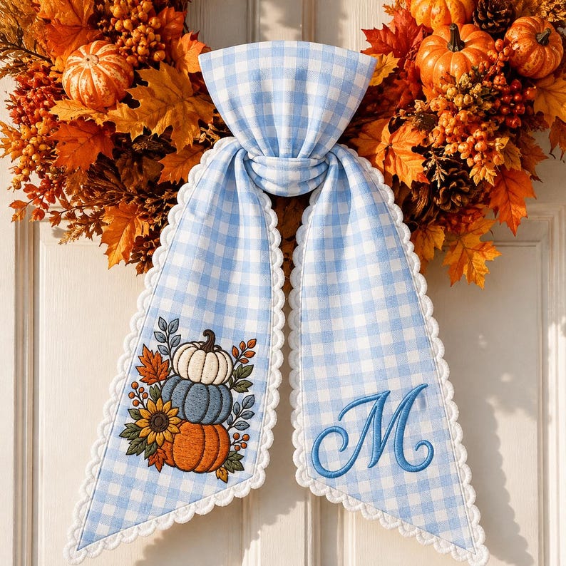 Custom Pumpkin Wreath Sash Bow, Personalized Monogram Fall Door Bow, Blue Stripe Autumn Wreath Decor, Farmhouse Thanksgiving