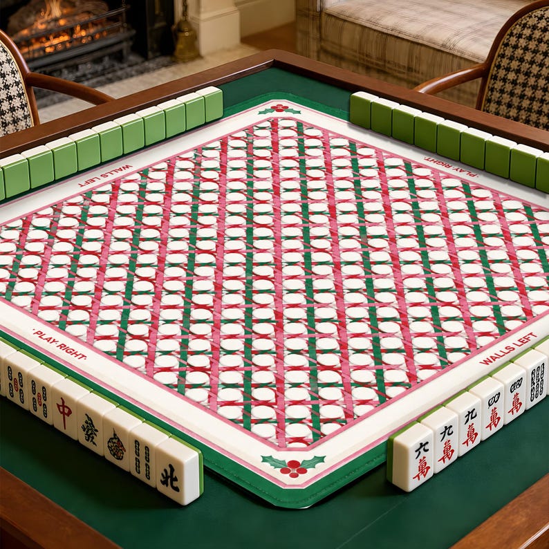Festive Mahjong Play Mat With Holly & Plaid Design, Christmas Table Game Mat, Holiday Season Mahjong Decor
