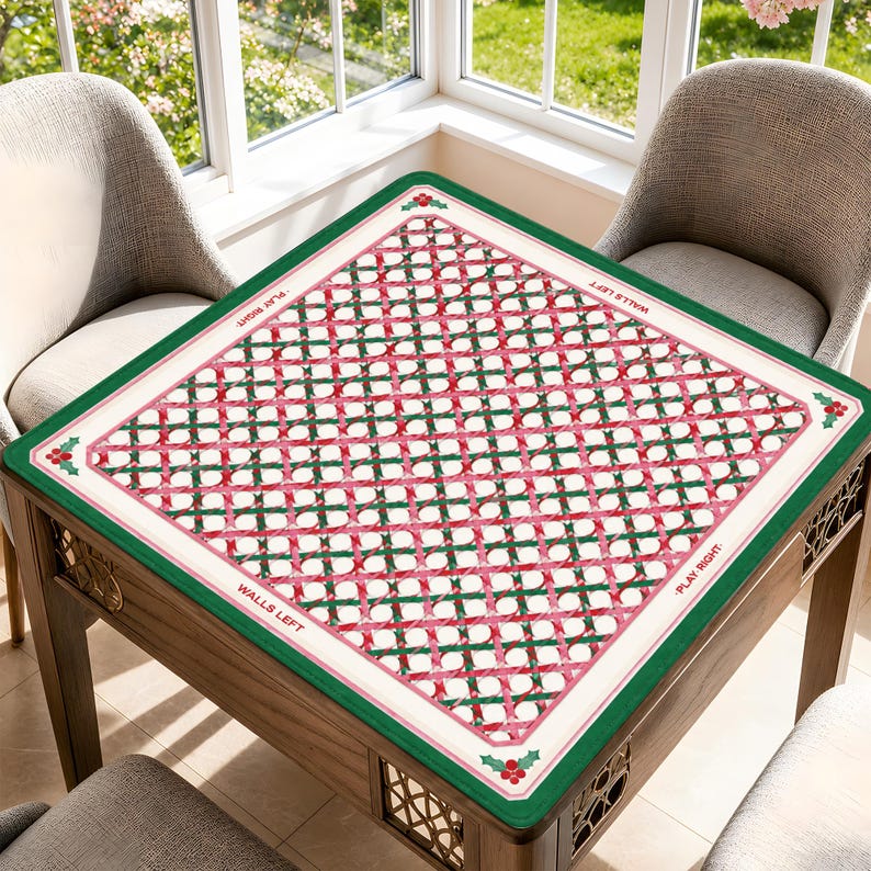 Festive Mahjong Play Mat With Holly & Plaid Design, Christmas Table Game Mat, Holiday Season Mahjong Decor