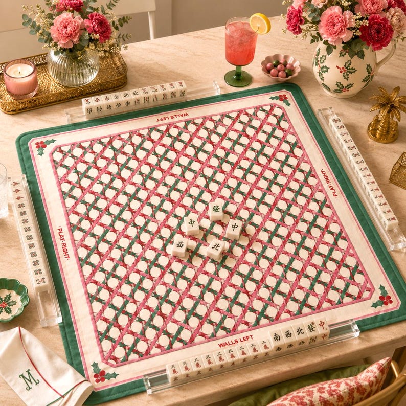 Festive Mahjong Play Mat With Holly & Plaid Design, Christmas Table Game Mat, Holiday Season Mahjong Decor